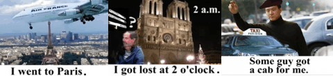3 pictures in one showing what happened to Bill when he got lost in Paris.