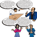 Talkative people with speech bubbles which are very long: they talk a lot!